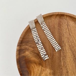 4/$15 Silver Mesh Square Rhinestone Dangling Earrings